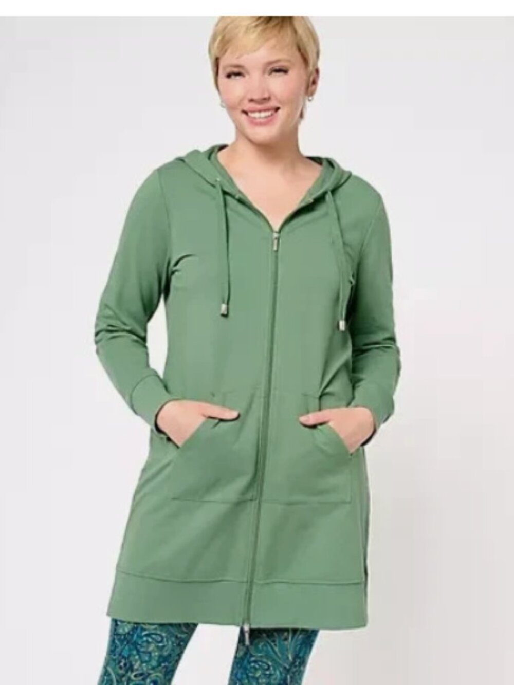 Denim & Co. Active French Terry Hooded ZipFront Tunic Jacket-Dk Ivy-XXS-A606201